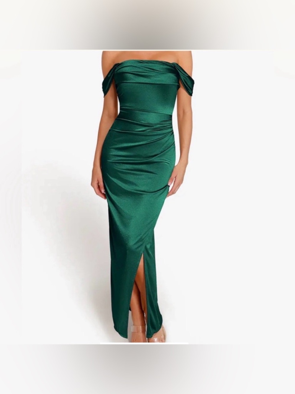 Popilush on/off shoulder Elegant Green Satin Evening Gown for Women Large, NEW - Picture 3 of 3